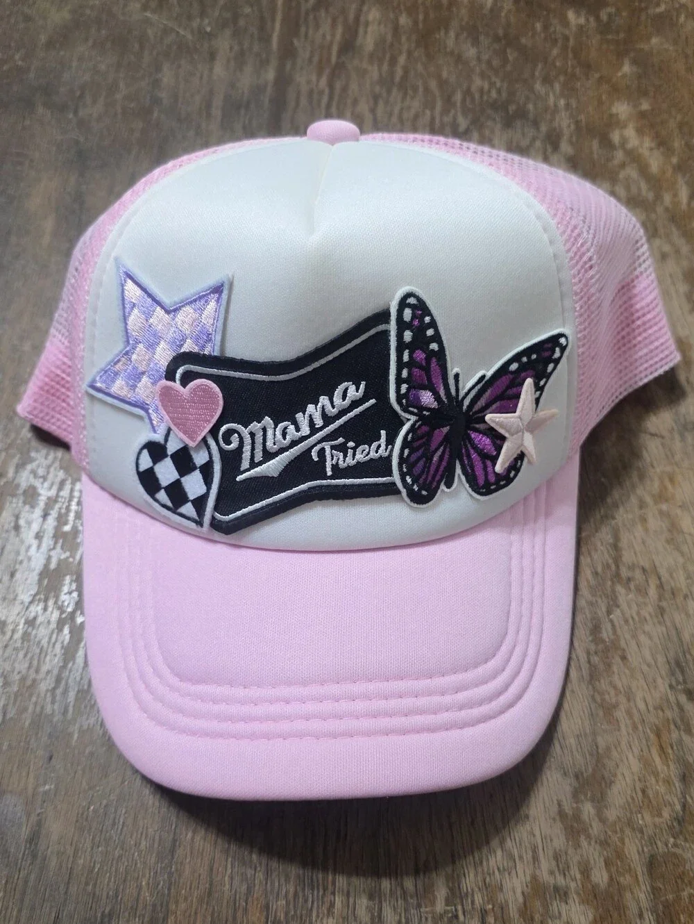Pink Trucker Hat with Butterfly & Patch Accents